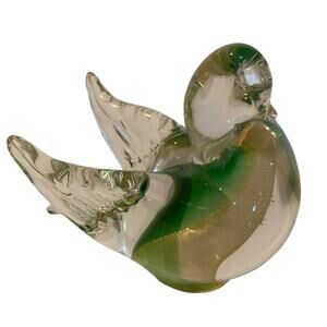 Murano art glass bird with wings spread out. Clear, green with gold inlay.